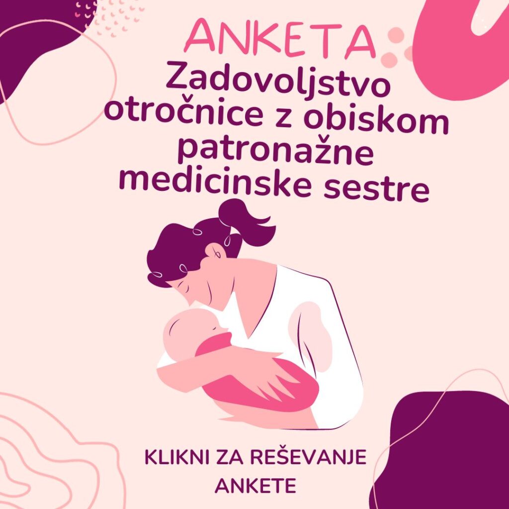 Ilustracija mame z dojenčkom in besedilom »Anketa: Zadovoljstvo otročnice z obiskom patronažne medicinske sestre – klikni za reševanje ankete« na roza ozadju.