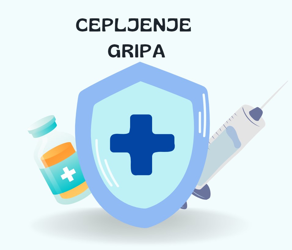 Ilustracija z zaščitnim ščitom, injekcijo in stekleničko z zdravilom ter napisom "Cepljenje gripa"
