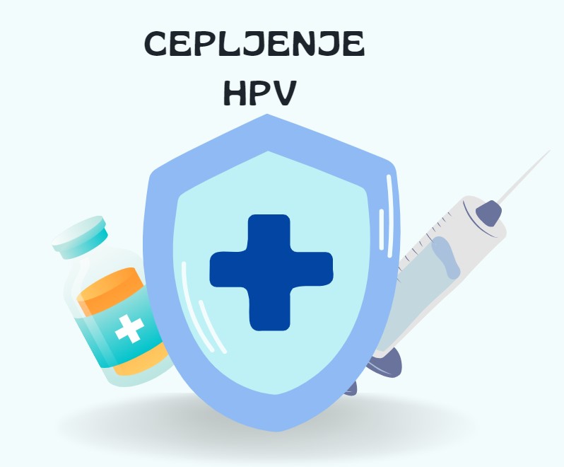 Ilustracija z zaščitnim ščitom, injekcijo in stekleničko z zdravilom ter napisom "HPV"