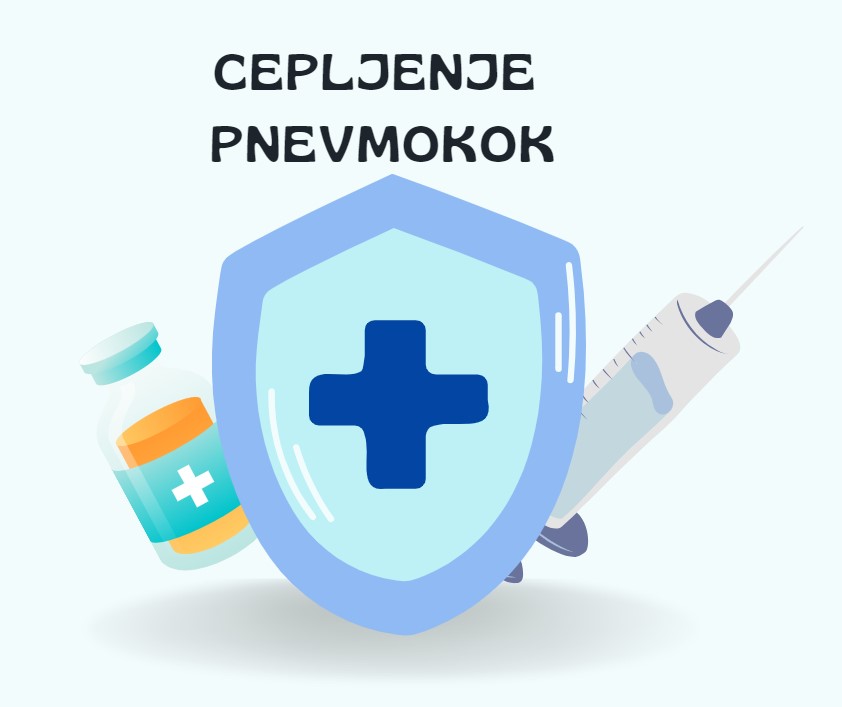 Ilustracija z zaščitnim ščitom, injekcijo in stekleničko z zdravilom ter napisom "Cepljenje pnevmokok"