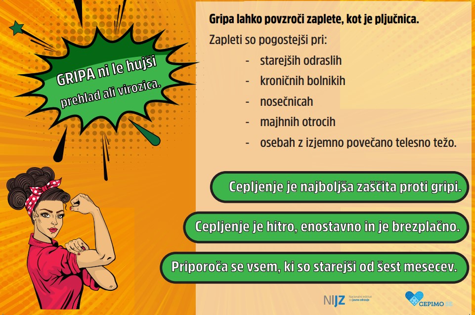 Informativni plakat o cepljenju proti gripi s sporočilom, da gripa ni le hujši prehlad. Vsebuje ilustracijo močne ženske v retro slogu in poudarja, da je cepljenje najboljša zaščita proti gripi, hitro, enostavno in brezplačno.