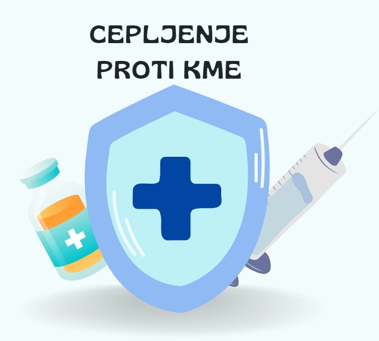 Ilustracija z zaščitnim ščitom, injekcijo in stekleničko z zdravilom ter napisom "Cepljenje proti KME"