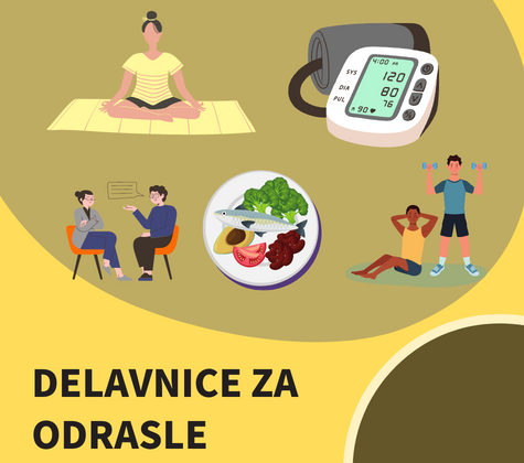 Ikone vadbe, prehrane, pogovora, sprostitve in merjenja krvnega tlaka z napisom »Delavnice za odrasle«.