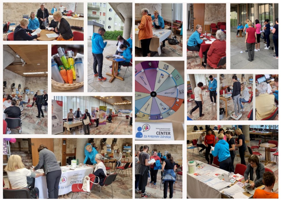 Kolaž fotografij z dogodka »Dnevi za krepitev zdravja«, kjer obiskovalci sodelujejo v različnih zdravstvenih delavnicah, meritvah in svetovanjih, ki jih organizira Center za krepitev zdravja Kranj.
