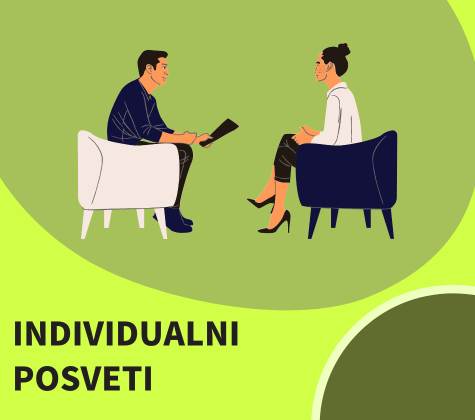 Ilustracija individualnega svetovanja: moški in ženska sedita nasproti v foteljih in se pogovarjata; spodaj napis »Individualni posveti«.