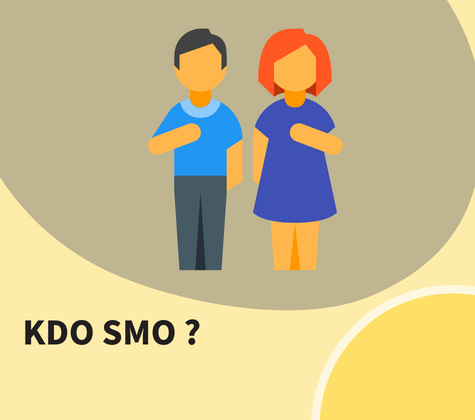 Ilustracija moškega in ženske z roko na prsih ter napis »Kdo smo?« na svetli podlagi.