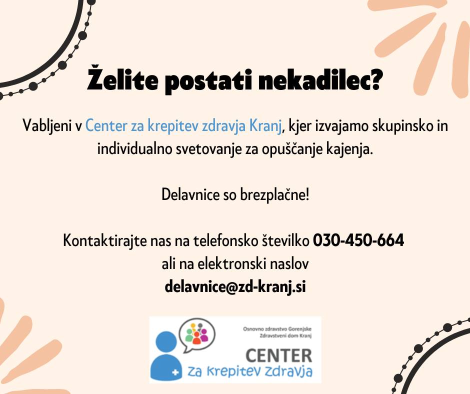 Vabilo v Center za krepitev zdravja Kranj na brezplačne delavnice za opuščanje kajenja z informacijami za kontakt.
