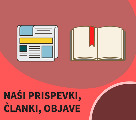 Ikoni časopisa in odprte knjige z napisom »Naši prispevki, članki, objave« na rdeči podlagi.