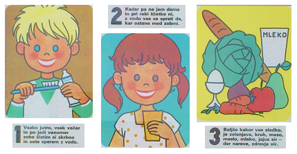 Ilustracije otrok, ki izvajajo ustrezno nego zob: redno umivanje zob, spiranje ust in uživanje zdrave hrane, kot sta zelenjava in mlečni izdelki