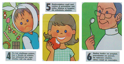 Ilustracije otrok in zobozdravnika s kratkimi nasveti za zdravo nego zob, kot so redno ščetkanje zob, izogibanje sladkarijam in redni obiski zobozdravnika