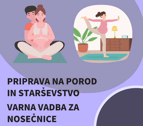 Ilustraciji nosečnice med vadbo in para v pripravi na starševstvo z napisom »Priprava na porod in starševstvo – varna vadba za nosečnice«.