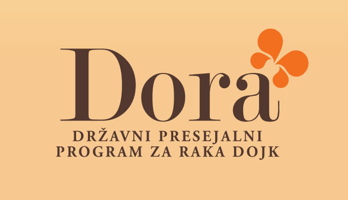 Logotip programa Dora – Državni presejalni program za raka dojk, z značilnim oranžnim simbolom metulja na belem ozadju.