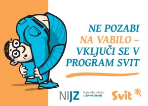 Ilustracija moškega, ki gleda med nogami, z napisom »Ne pozabi na vabilo – vključi se v program Svit«; ob strani logotipa NIJZ in programa Svit.