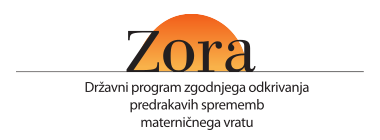 Logotip programa Zora – Državni program za zgodnje odkrivanje predrakavih sprememb materničnega vratu, z oranžnim sončnim vzhodom v ozadju.