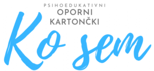 Naslovna slika s tekstom »Psihopedukativni oporni kartončki – Ko sem«, v modri pisavi na belem ozadju.