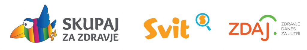 Logotipi programov Skupaj za zdravje, Svit in ZDAJ; vsebujejo barvito ptico, povečevalno steklo ter slogan »Zdravje danes za jutri«.