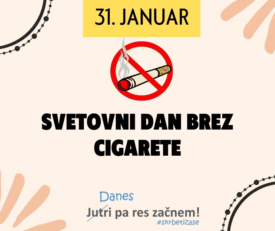 Ilustracija z napisom »31. januar – Svetovni dan brez cigarete« in znakom prepovedi kajenja.
