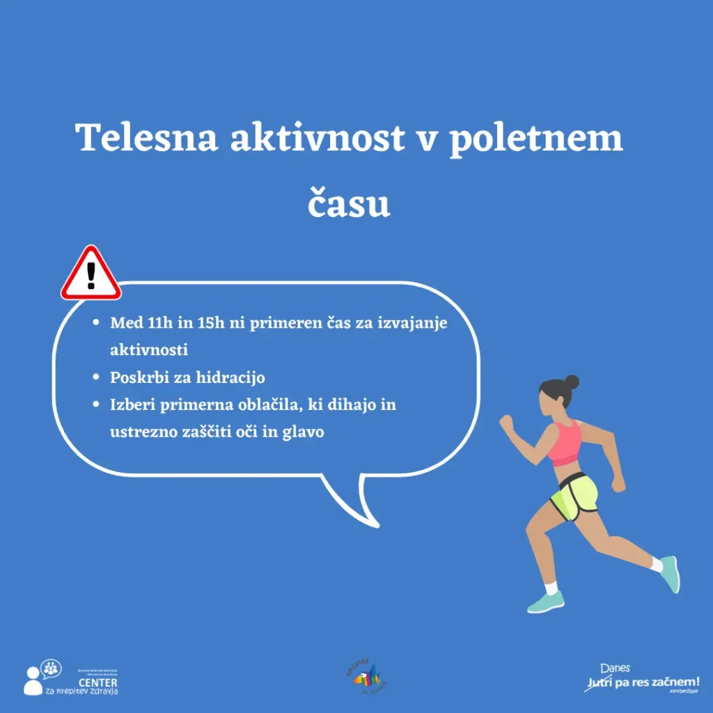 Na sliki je ženska, ki teče, ob njej pa so nasveti za varno telesno aktivnost poleti: izogibaj se aktivnosti med 11. in 15. uro, poskrbi za hidracijo ter nosi zračna oblačila in zaščiti oči ter glavo.