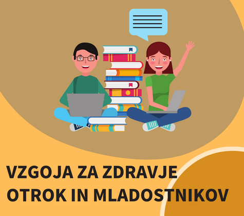 Dva otroka s prenosnikoma, obkrožena s kupi knjig, z napisom »Vzgoja za zdravje otrok in mladostnikov«.